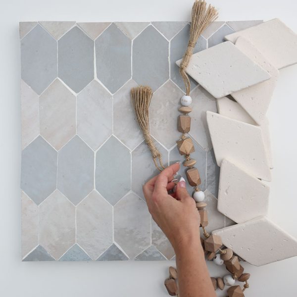 Loose Blanco Rombo Tiles W/ Silk & Mist Zellige Pickets